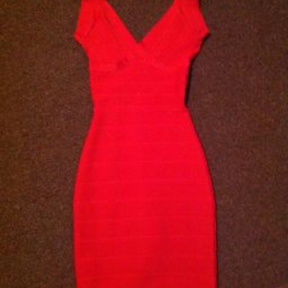 Herve Leger Red Bodycon Mini Dress V-Neck Sleeveless - Picture 3 of 7